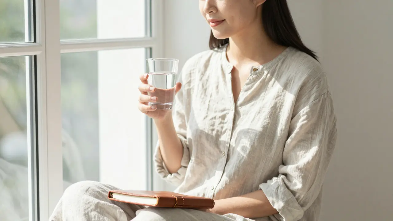 Žena si užívá pohodu s vodou a poznámkovým blokem.