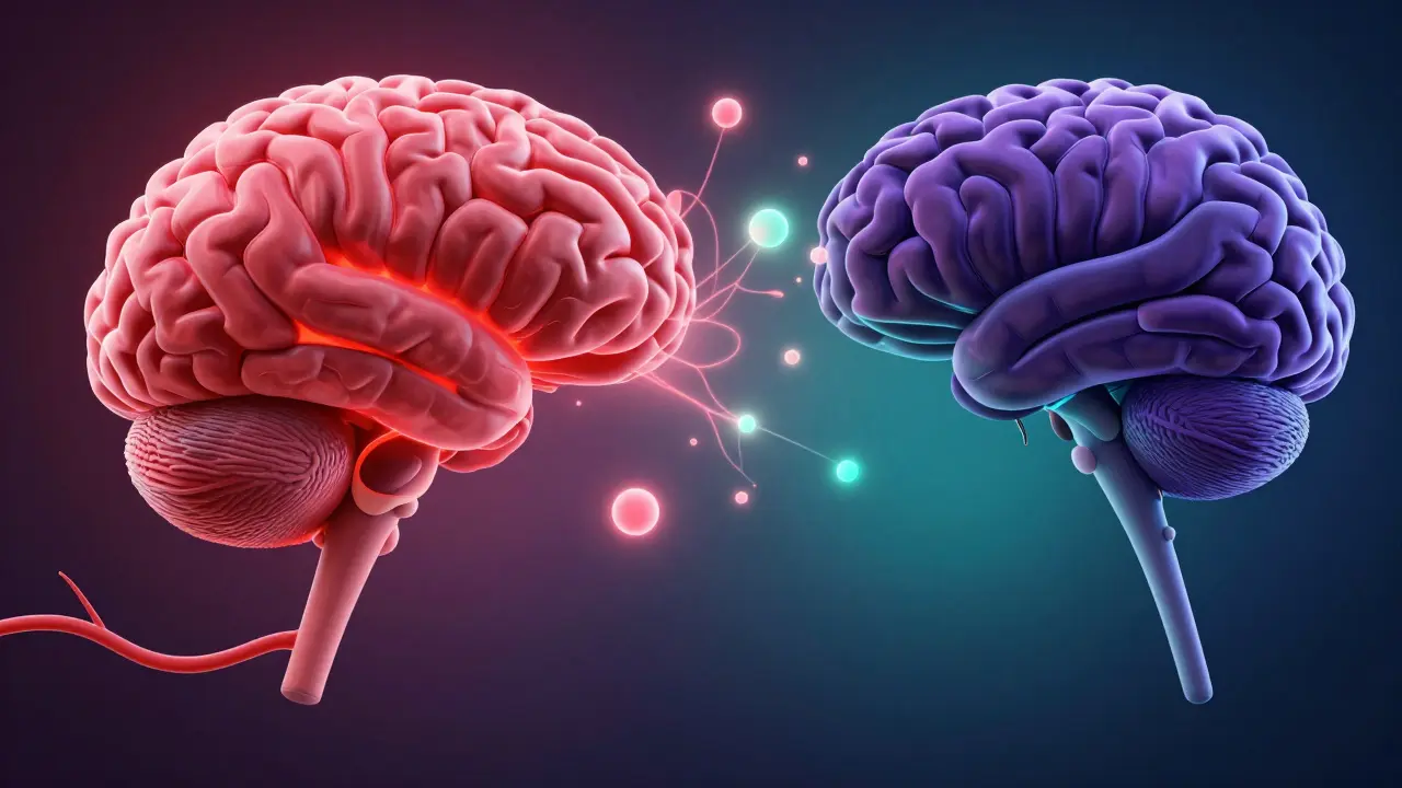 Abstraktní vizualizace chemických změn v mozku a krvi při relaxaci.