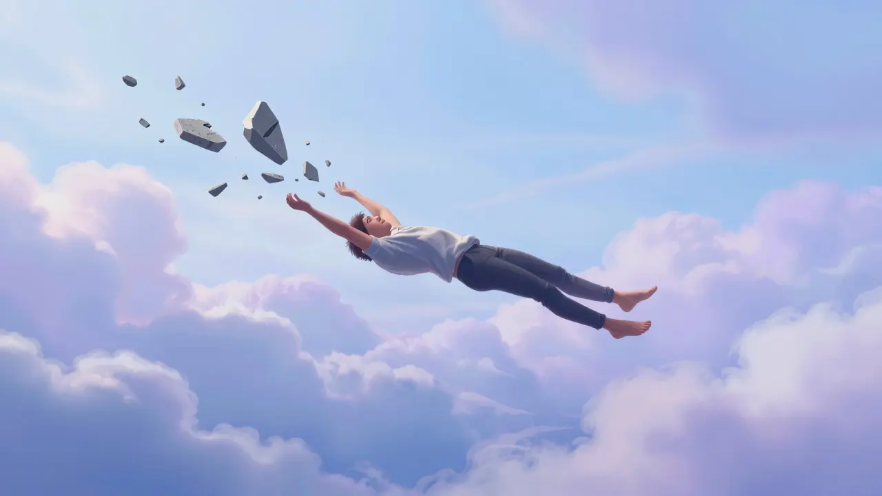 Člověk vznášející se v barevných oblacích, z którego odpadávají kamenné úlomky stresu.