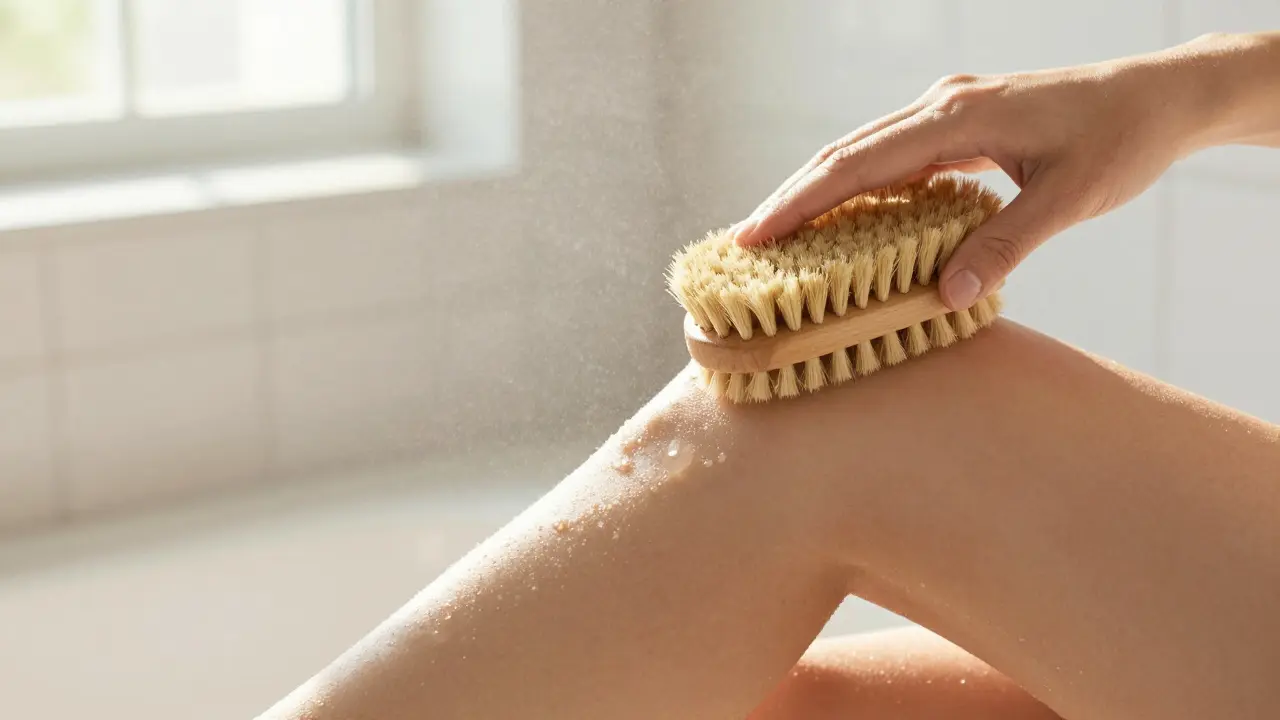 Detailní záběr na techniku suchého kartáčování kůže na noze.