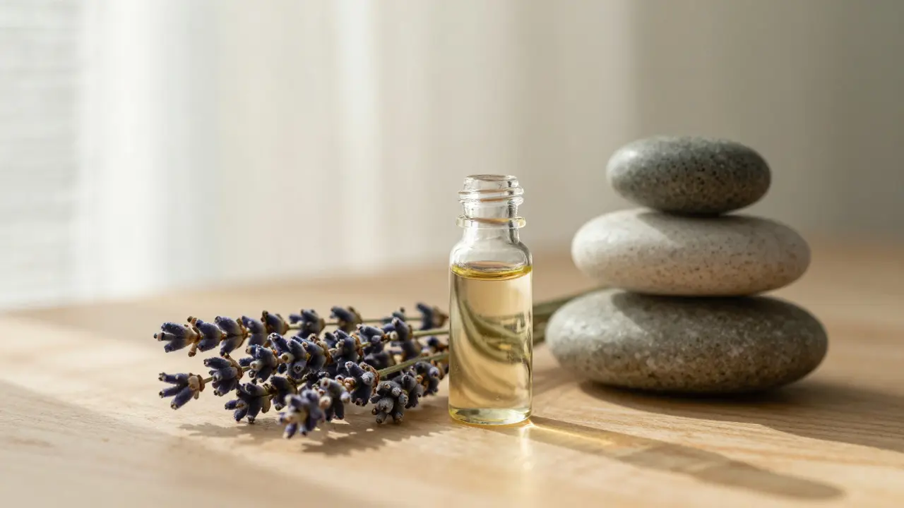 Esenciální olej a hřátivé kameny na dřevěném stole v uklidňujícím prostředí.