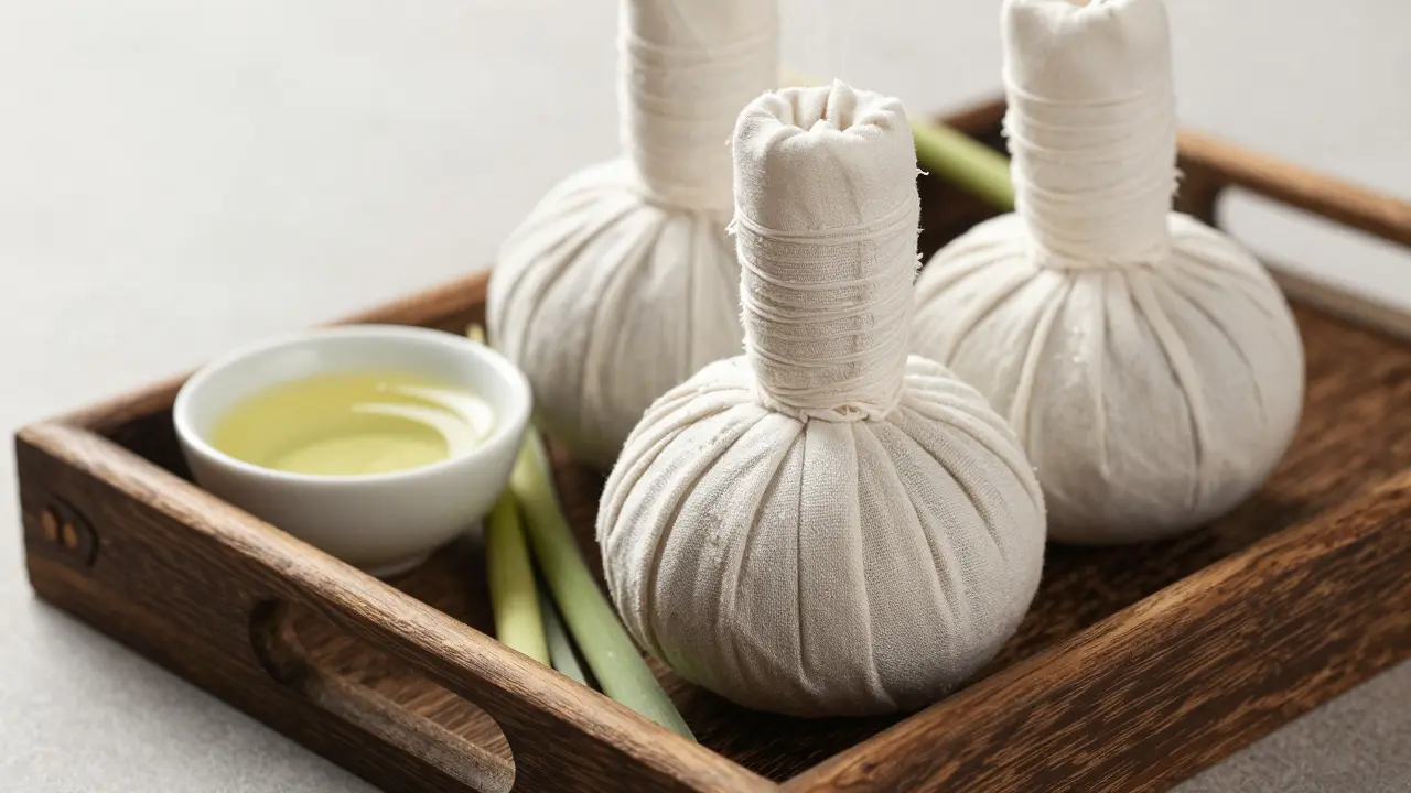 Horké bylinkové kuličky a esenciální oleje pro thajskou masáž.