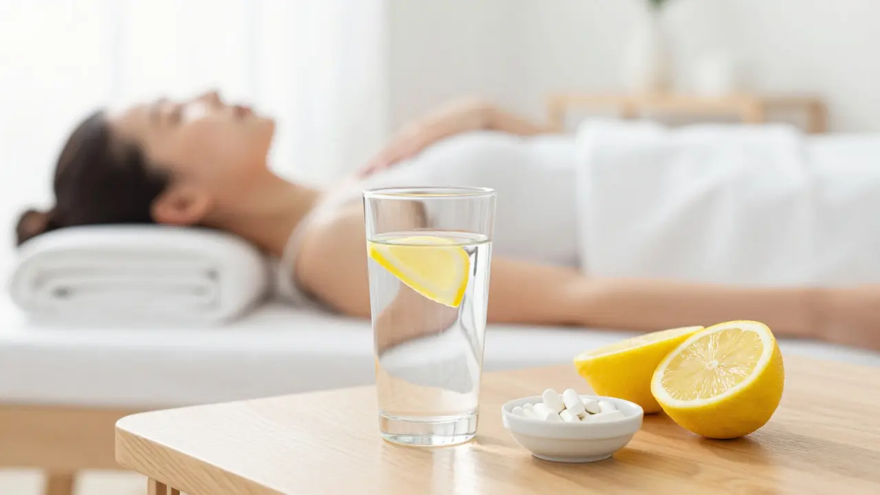 Klidný wellness prostor s vodou s citronem a osobou provádějící protahování.