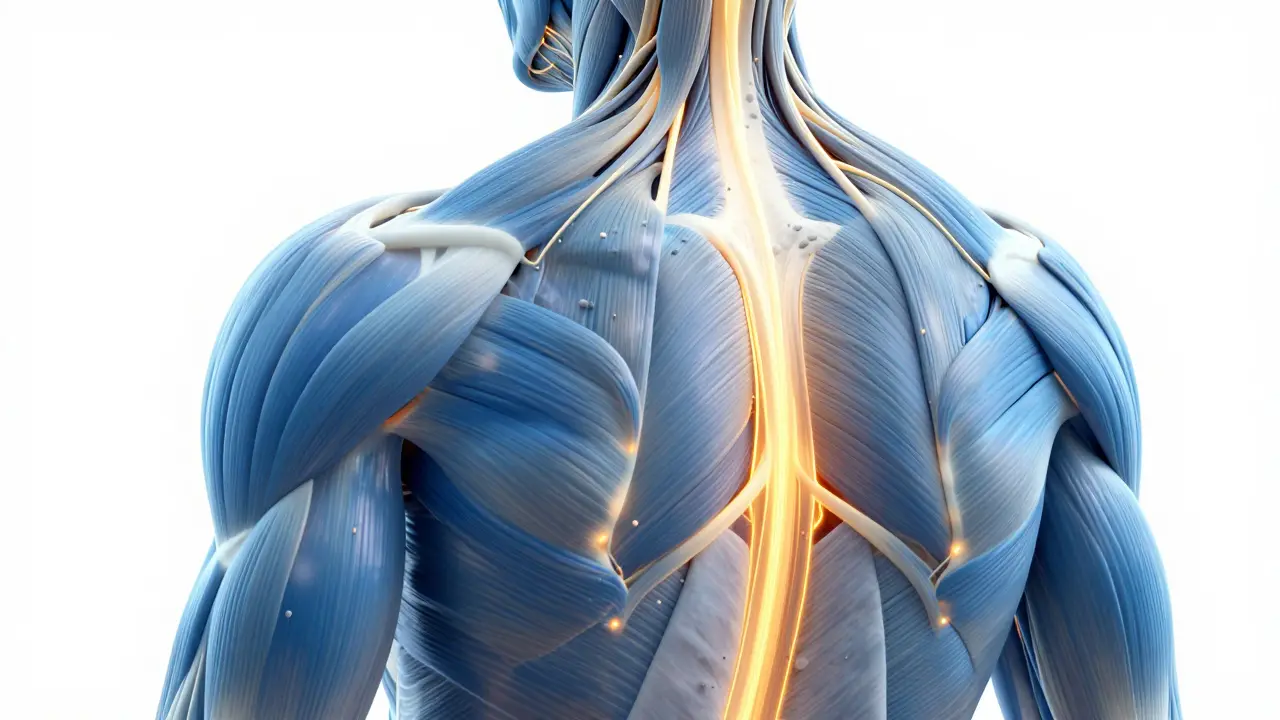 Konceptuální 3D model svalů s proudícími zlatými svícemi symbolizujícími kyslík a regeneraci.
