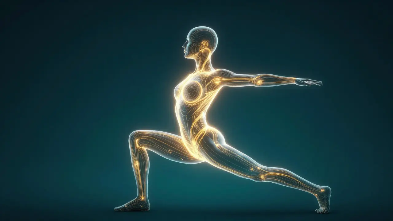 Konceptuální zobrazení energetických linií Sen v lidském těle při protažení.