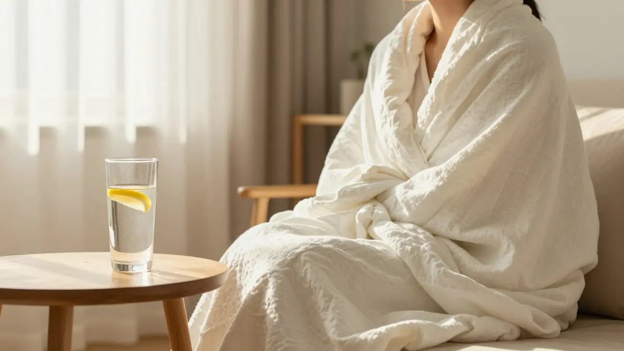 Osoba v klidu pod přikrývkou s pohárem vody pro podporu regenerace.