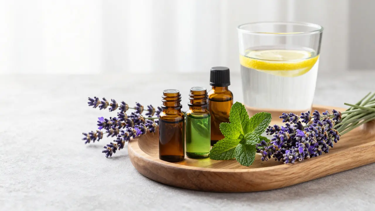 Sada esenciálních olejů, levandule a máta na dřevěném podnose.