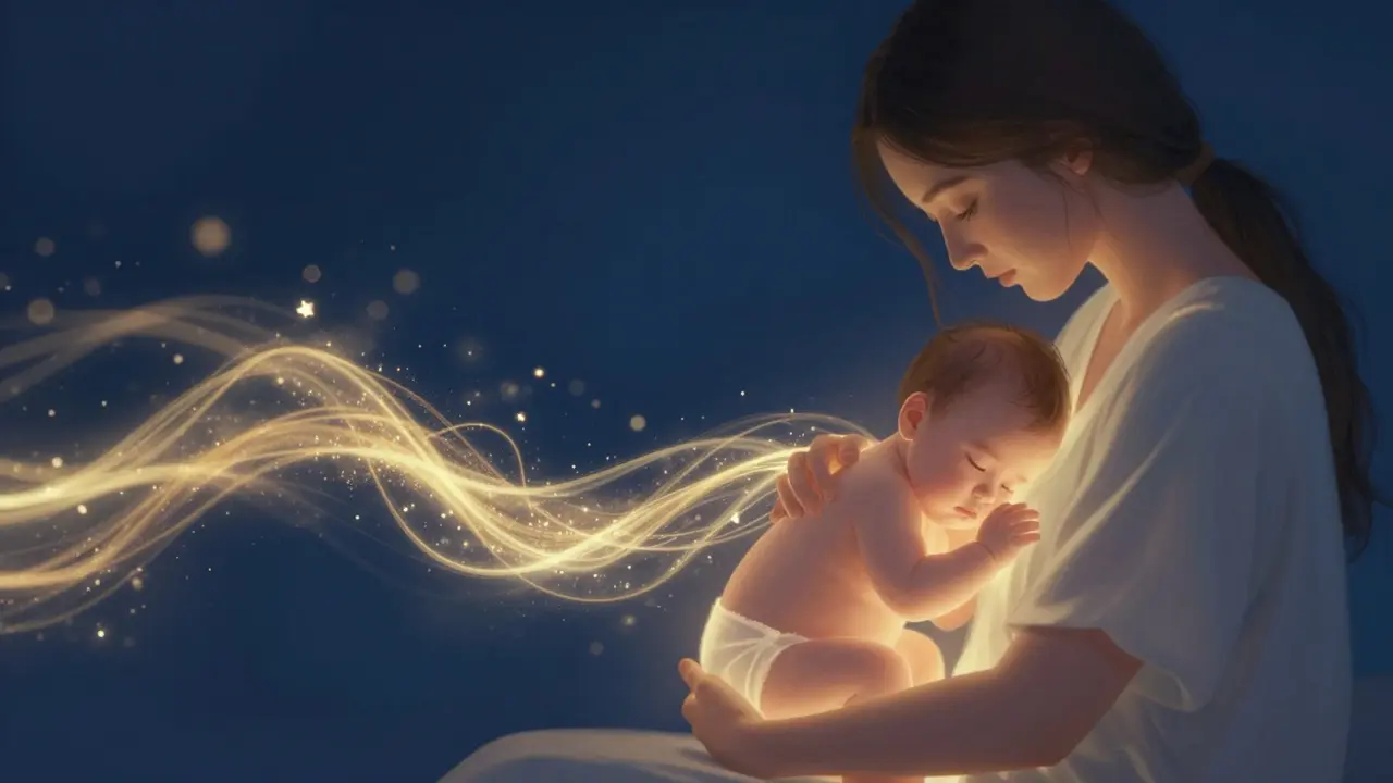 Umělecký obraz znázorňující emocionální pouto a pocit bezpečí při doteku.