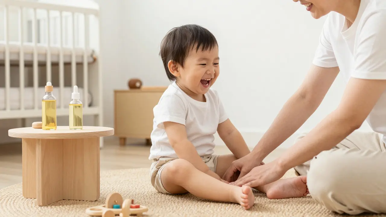 Veselé batole dostávající jemnou masáž nožiček v útulném dětském pokojíčku.