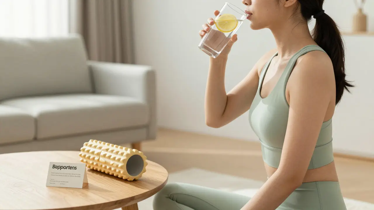 Žena pijící vodu v minimalistickém interiéru jako součást zdravého životního stylu.