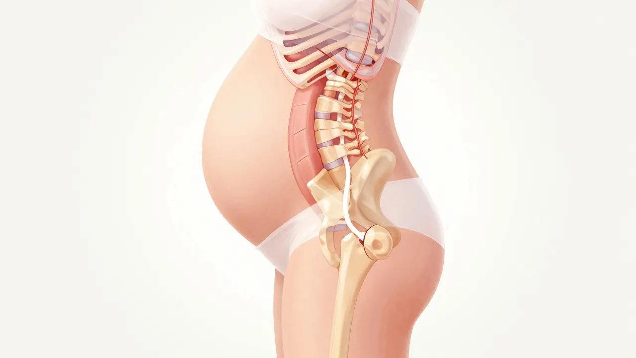 Anatomická ilustrace posunu těžiště a pětí páteře v těhotenství