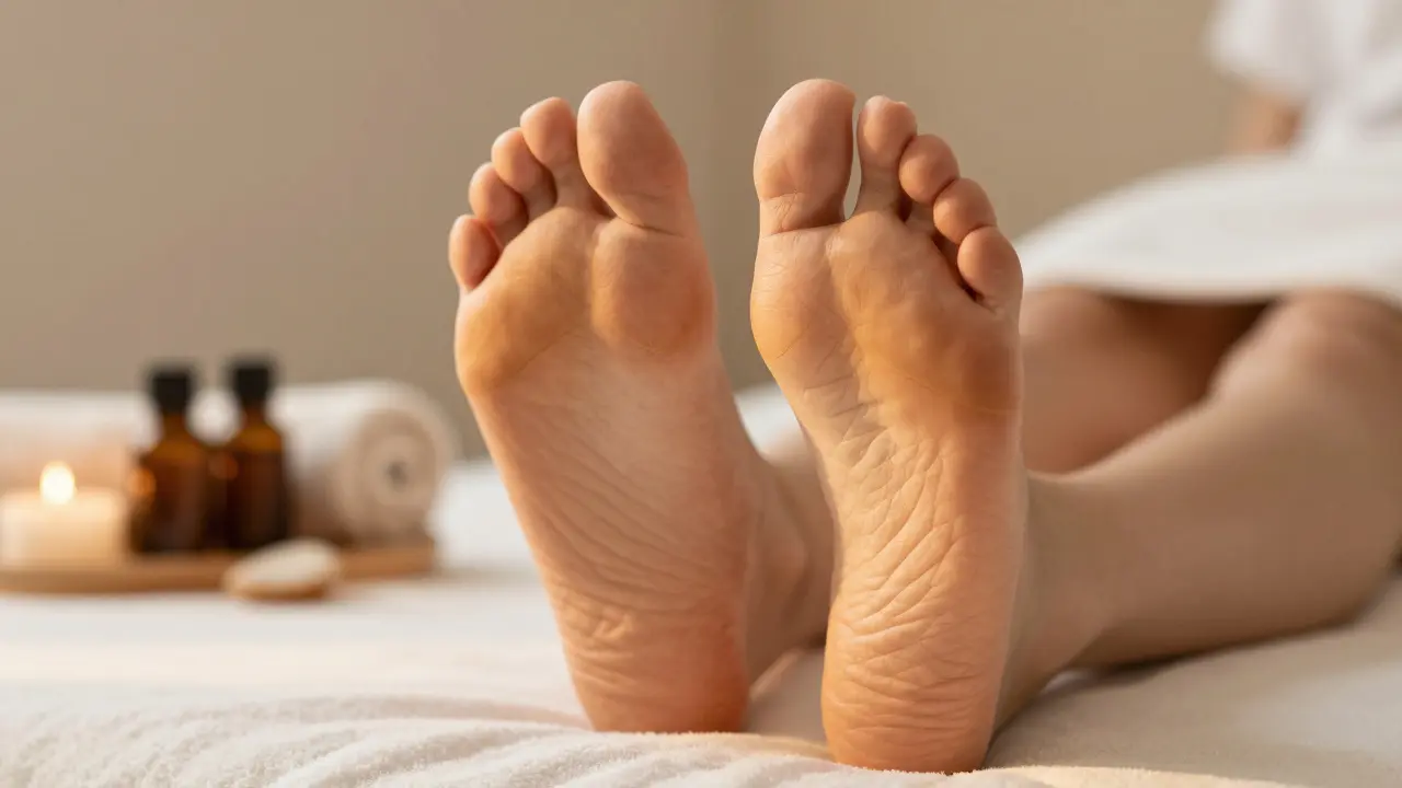 Detail podešve nohy s zvýrazněnými klíčovými body pro reflexní masáž