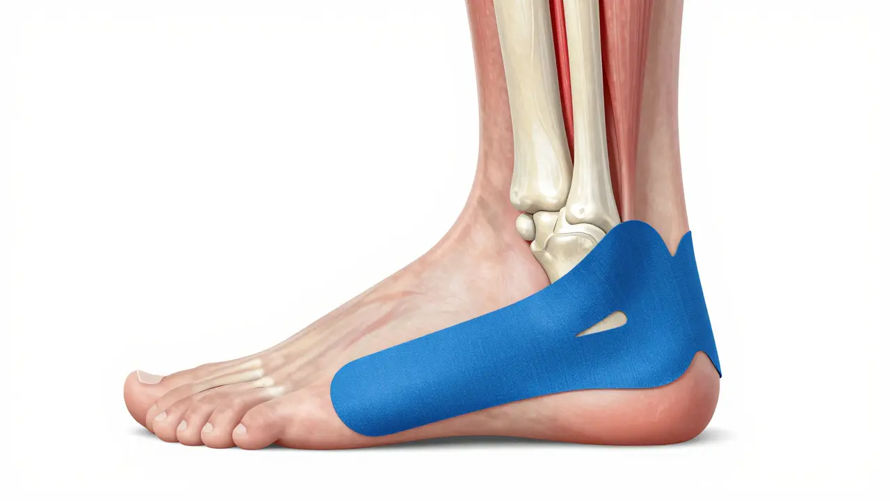 Anatomical foot illustration with heel spur and kinesiology tape