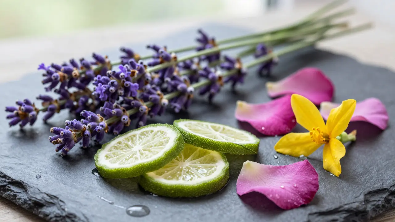 Čerstvé levandule, bergamot a růže s kapkami éterického oleje na kamenném podkladu