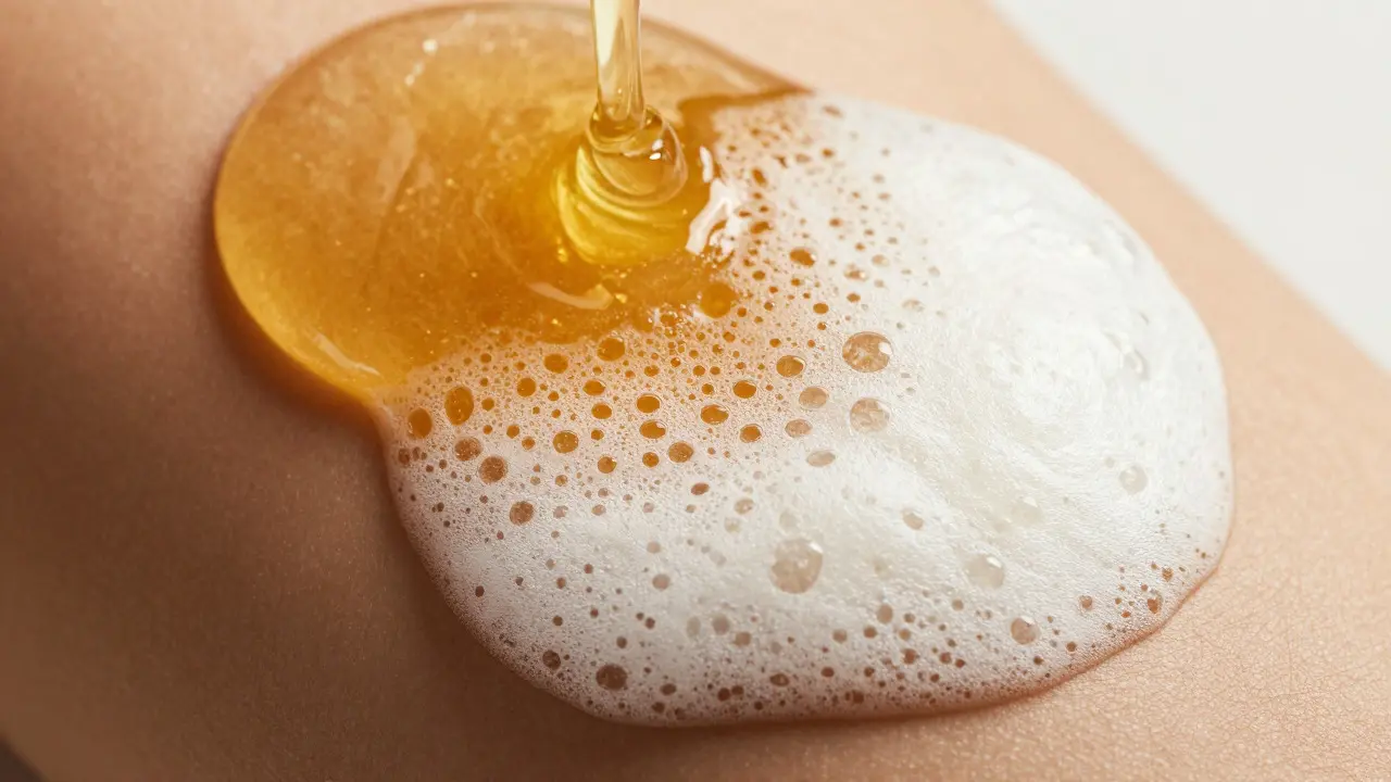 Detailní záběr medu měnícího se na bílou penu na kůži při masáži