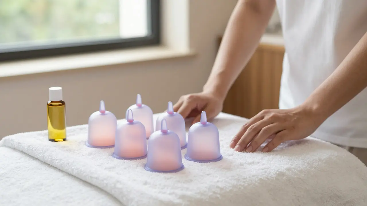 Silikonové banky a olej připravené k dynamické masáži