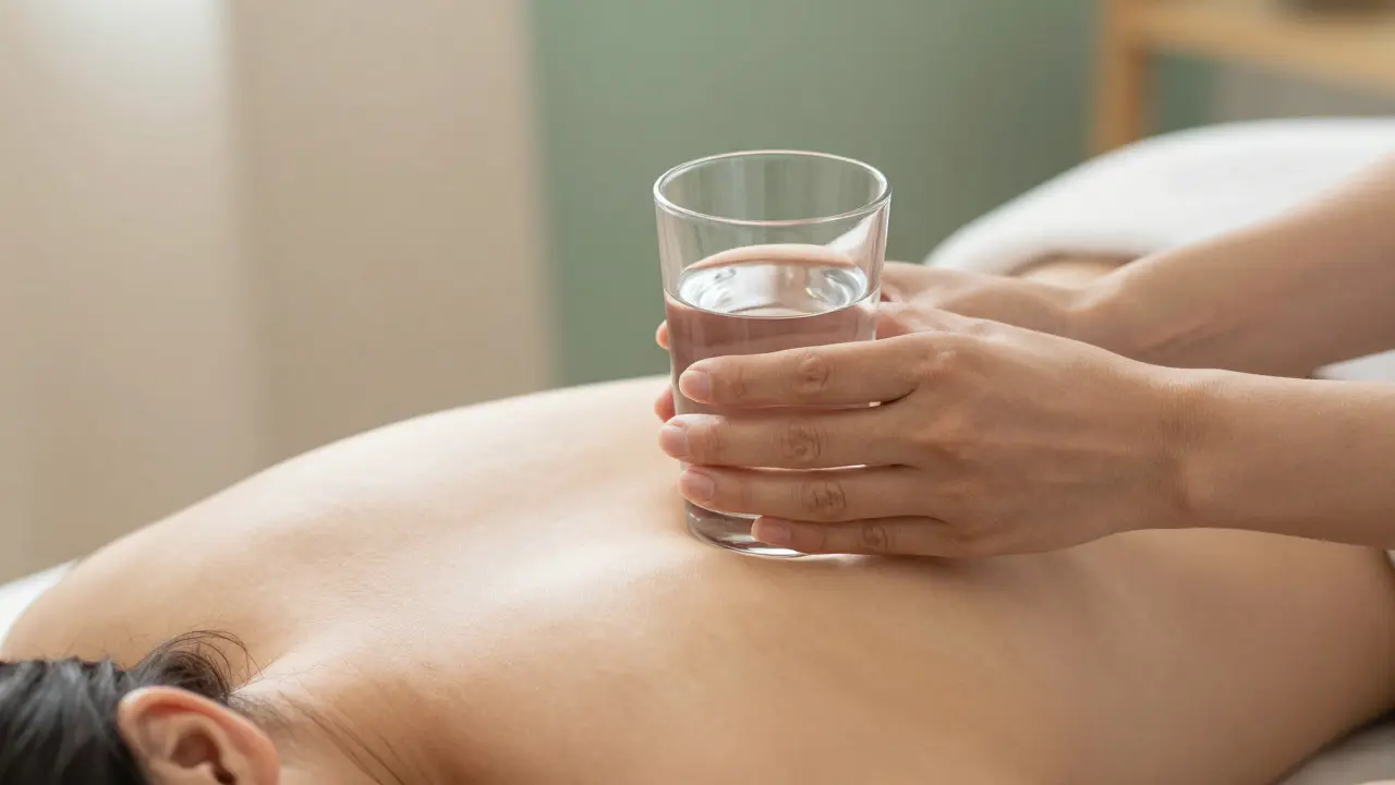 Zblízka ruce držící sklenici vody u ramene osoby ležící na břiše