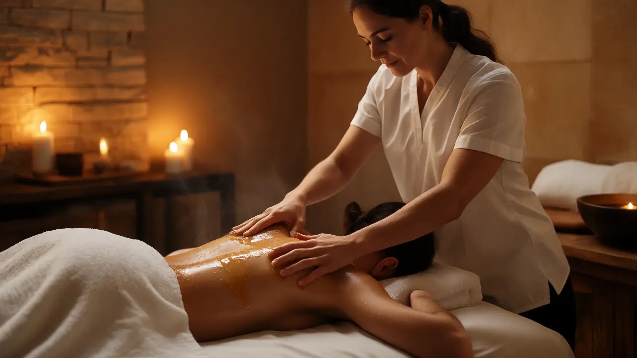 Terapeut provádí medovou masáž v relaxačním prostředí wellness centra.