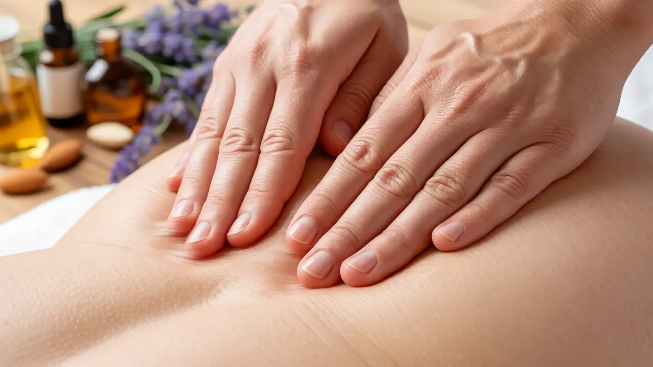 Detail rukou terapeuta provádějících jemnou masáž zad těhotné ženy