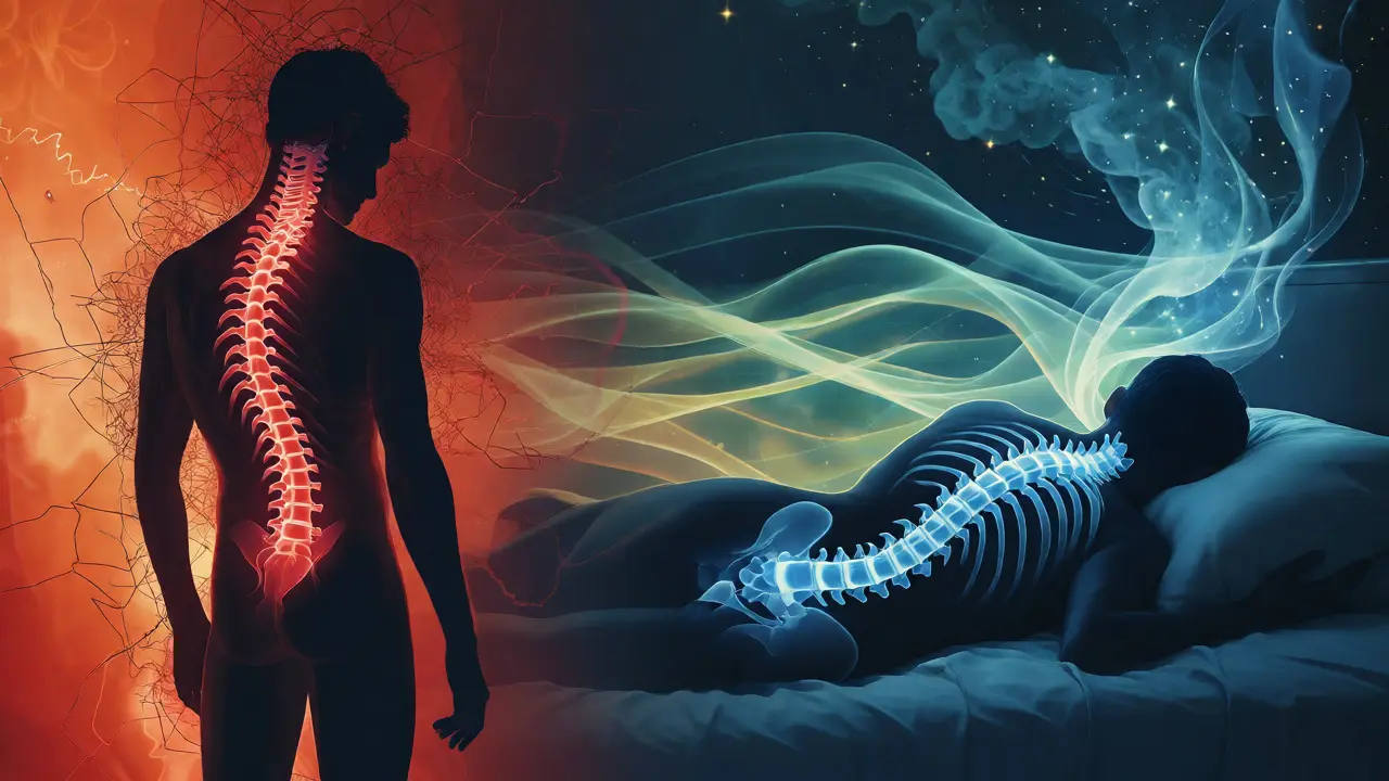 Konceptuální ilustrace přechodu od napjaté páteře k uvolněné při spánku