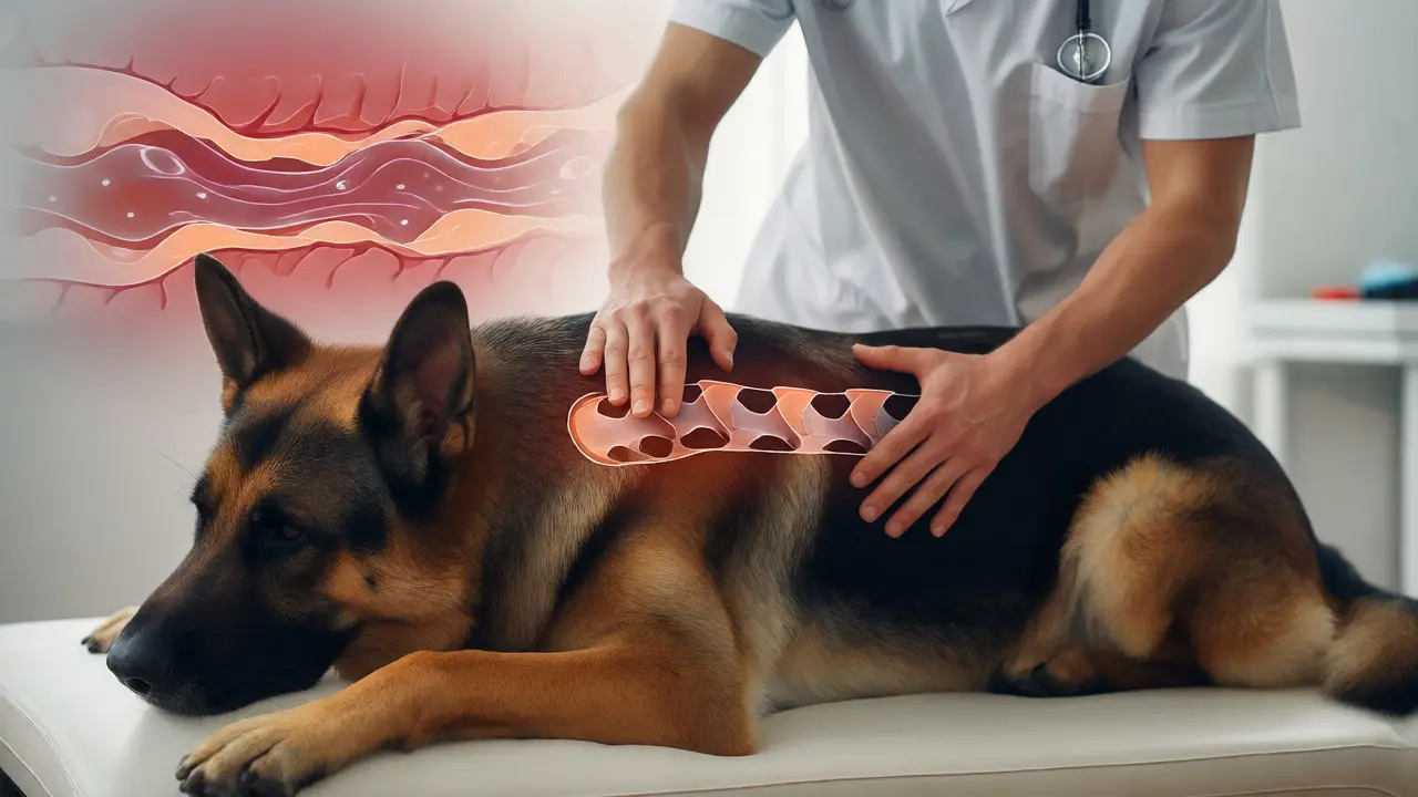 Physiotherapist performing Dorn method on a german shepherd